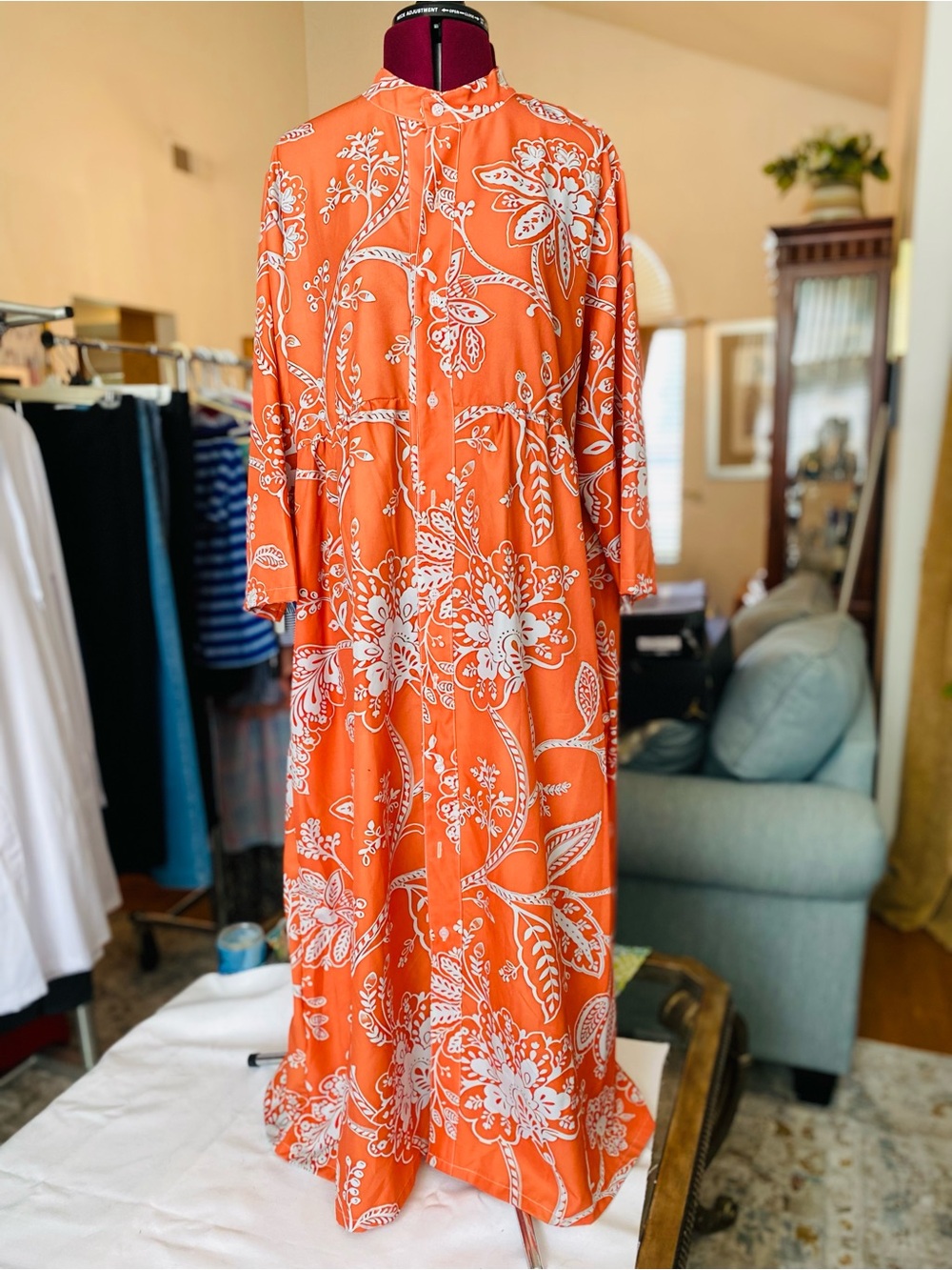 Women's Orange Floral Maxi Dress with White Print